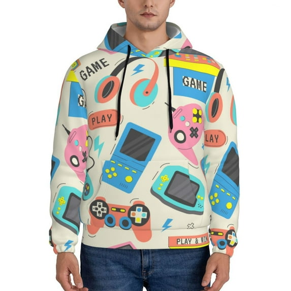 Balery Playing Video Games Pattern Mens Hoodie Kangaroo Pocket Hoodie Pullover Hooded Sweatshirt Ideal for Daily Wear Travel and Home-XX-Large