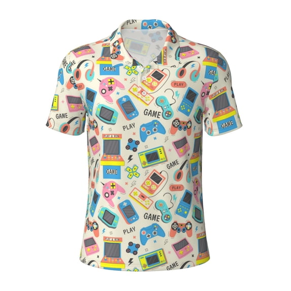 Balery Playing Video Games Printed Men’s Short Sleeve Polo Shirt, Midweight Men's Shirt,Golf Polo shirts -4X-Large