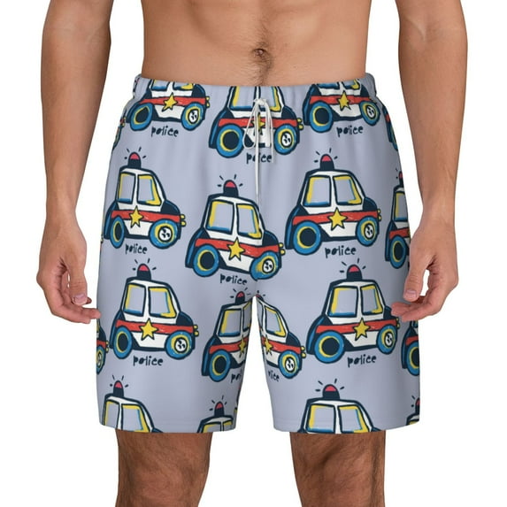 Balery Police Car Mens Swim Trunks Swim Shorts for Men Quick Dry Inseam Beach Shorts with Compression Liner Pocket-Medium