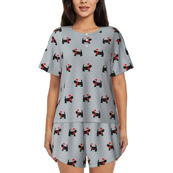 Balery Polka Dot Christmas Dog Pattern Womens Pajama Sets 2 Piece Soft Short Sleeve Top and Shorts Sleepwear Round Neck Pjs Lounge Set with Pockets-XX-Large