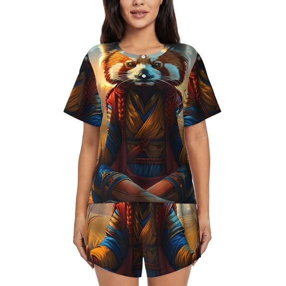 Balery Prairie Meditating Raccoon Pattern Womens Pajama Sets 2 Piece Soft Short Sleeve Top and Shorts Sleepwear Round Neck Pjs Lounge Set with Pockets-4X-Large