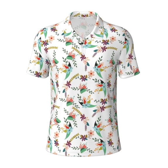 Balery Pretty Floral With Leaves Printed Men’s Short Sleeve Polo Shirt, Midweight Men's Shirt,Golf Polo shirts -Small