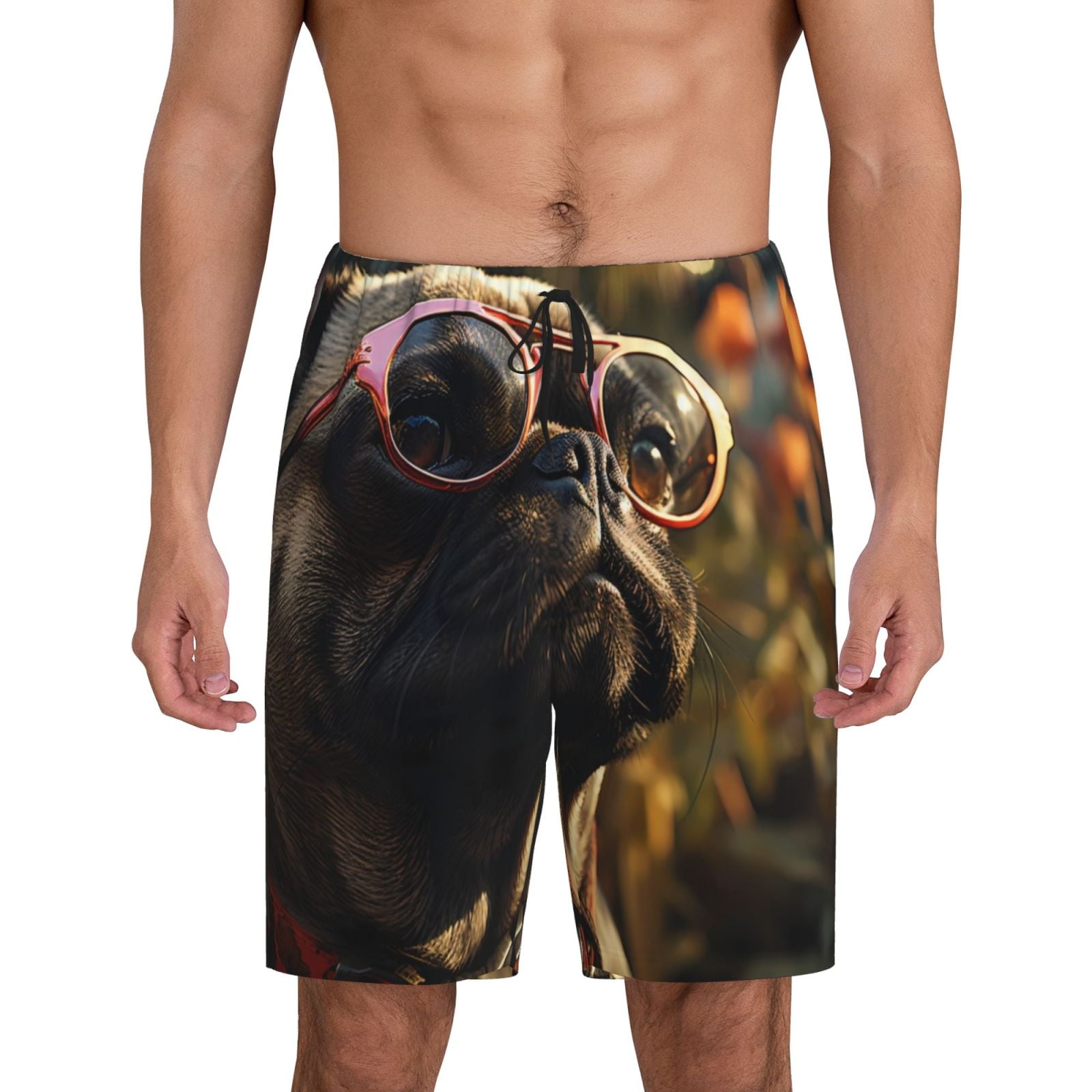 Balery Pug Wearing Sunglasses Flowers Men's Cotton Knit Pajama Shorts