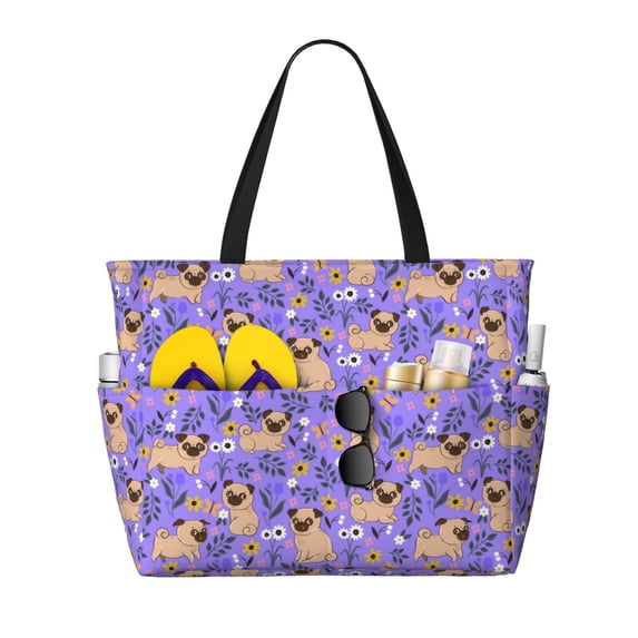 Balery Pugs and Flowers Beach Travel Bag - Water-Resistant, Large Capacity Lightweight Tote with 7 Pockets for Women and Men - Perfect for Beach, Pool, Gym, and Travel
