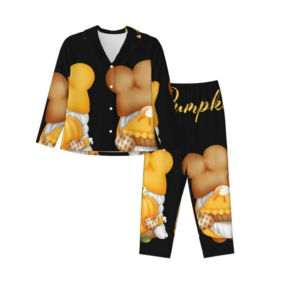 Balery Pumpkin Pie Gnome Pattern Pajama Sets for Women Long Sleeve 2 Piece Sleepwear Loungewear Sets Soft PJ's with Pockets Long Sleeve Comfy Pj Sets-Small