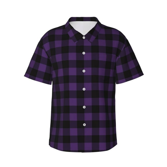 Balery Purple Black Plaid Print Men's Hawaiian Shirts Short Sleeve Beach Shirt Relaxed Fit Vacation Button Down Shirts-