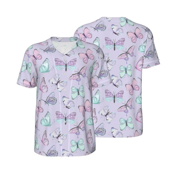 Balery Purple Butterfly Baseball Jersey for Men Casual Button Down Shirts Short Sleeve Active Team Sports Uniform-Medium