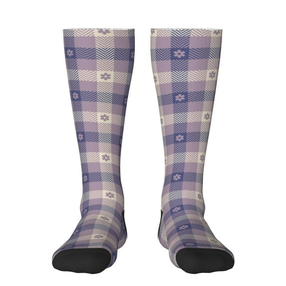 Balery Purple Floral Gingham Check Plaid Fun Novelty Socks Men'S Women'S Crew Socks Funny Crazy Novelty Socks Quirky And Cool Socks
