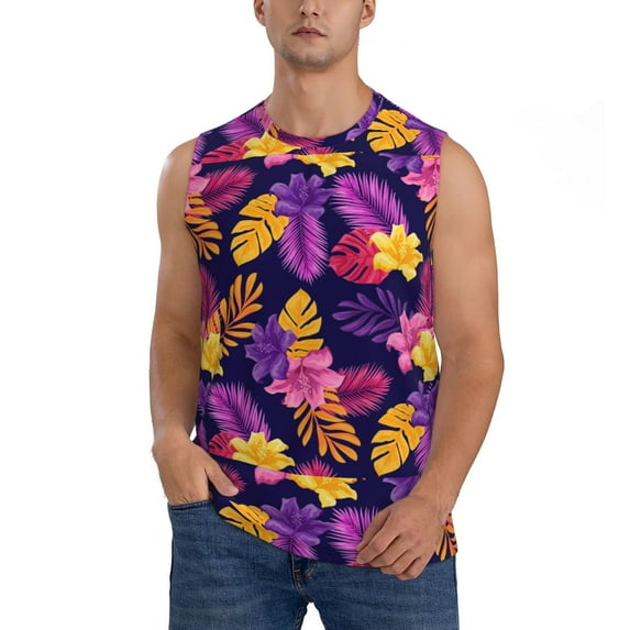 Balery Purple Flower Men's Sleeveless Muscle Shirts Workout Tank Top, Moisture Wicking, Odor Protection-3X-Large