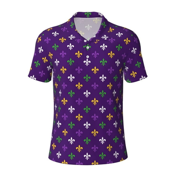 Balery Purple Mardi Gras Printed Men’s Short Sleeve Polo Shirt, Midweight Men's Shirt,Golf Polo shirts -3X-Large