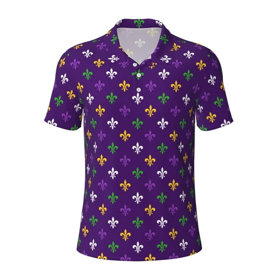 Balery Purple Mardi Gras Printed Men’s Short Sleeve Polo Shirt, Midweight Men's Shirt,Golf Polo shirts -Large