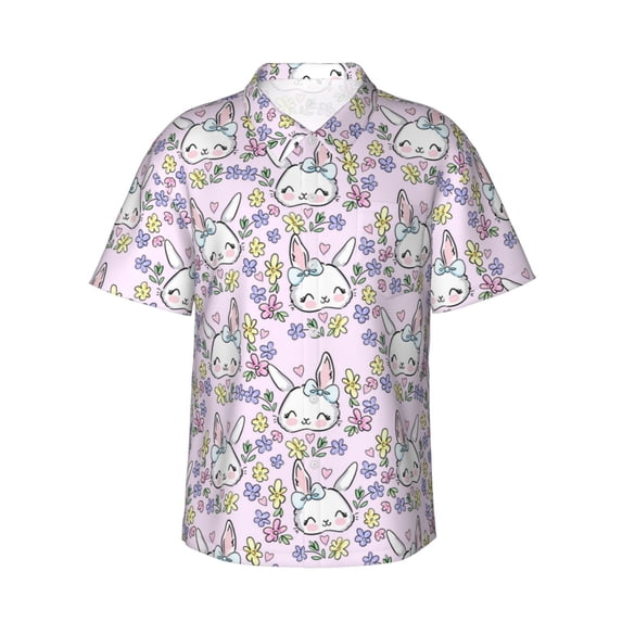 Balery Purple Rabbit Print Men's Hawaiian Shirts Short Sleeve Beach Shirt Relaxed Fit Vacation Button Down Shirts-Large