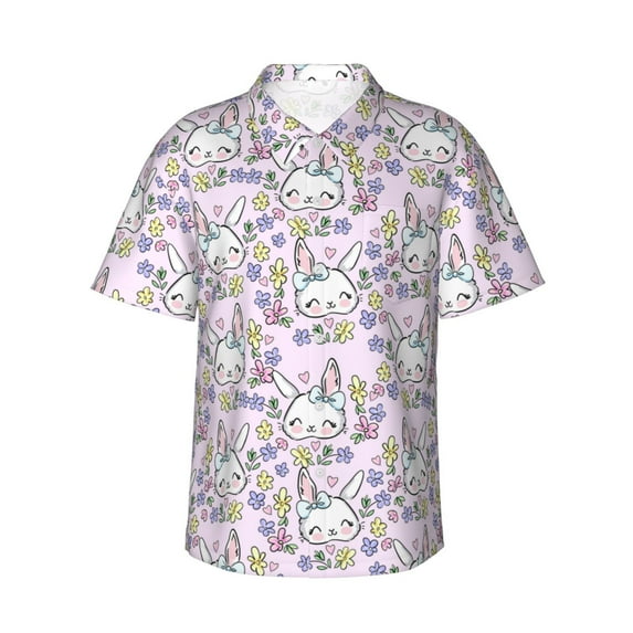 Balery Purple Rabbit Print Men's Hawaiian Shirts Short Sleeve Beach Shirt Relaxed Fit Vacation Button Down Shirts-Medium