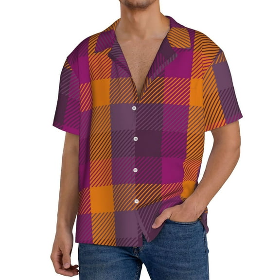 Balery Purple Yellow Buffalo Plaid Men's Casual Button Down Shirt Short Sleeve Textured Summer Cuban Beach Shirts-4X-Large
