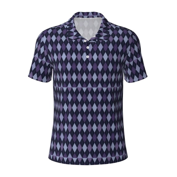 Balery Purple and Blue Squares Printed Men’s Short Sleeve Polo Shirt, Midweight Men's Shirt,Golf Polo shirts -XX-Large