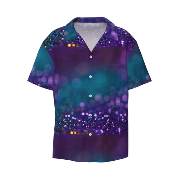 Balery Purple and Green Glitter Men's Casual Button Down Shirt Short Sleeve Textured Summer Cuban Beach Shirts-Small