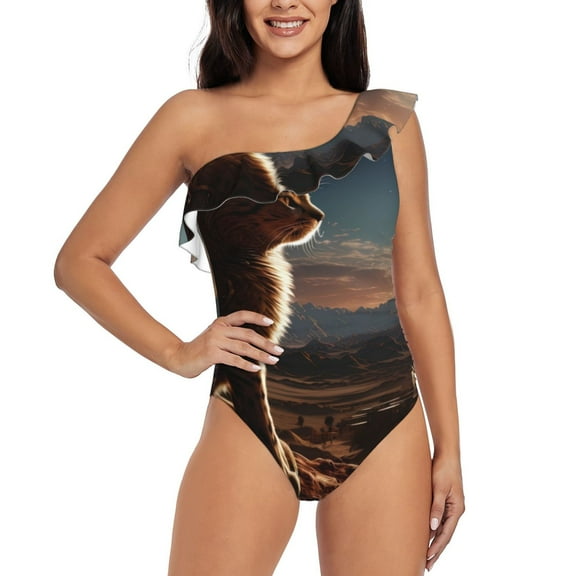 Balery Pyramid Desert Cat One Shoulder Swimsuits for Women Ruffle Swimsuits Tummy Control One Shoulder Bathing Suits-