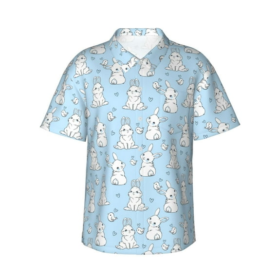 Balery Rabbit And Bird Print Men's Hawaiian Shirts Short Sleeve Beach Shirt Relaxed Fit Vacation Button Down Shirts-Small