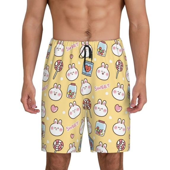 Balery Rabbit And Candy Men's Cotton Knit Pajama Shorts Waistband & Pockets,Short Pajama Pants-Small