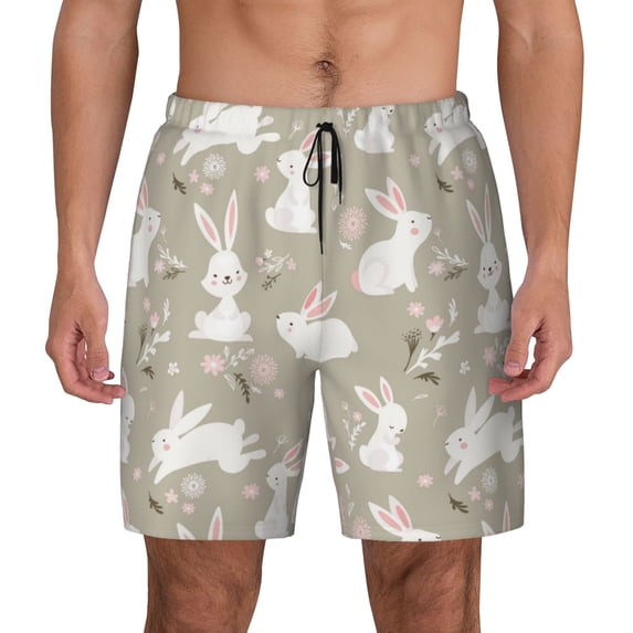 Balery Rabbit And Flower Mens Swim Trunks Swim Shorts for Men Quick Dry Inseam Beach Shorts with Compression Liner Pocket-Large