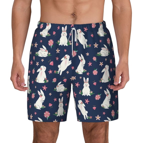 Balery Rabbit And Flower Mens Swim Trunks Swim Shorts for Men Quick Dry Inseam Beach Shorts with Compression Liner Pocket-Small
