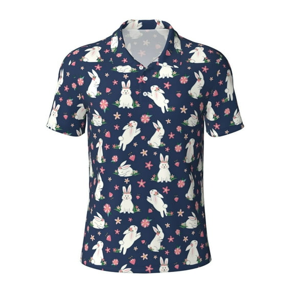 Balery Rabbit And Flower Printed Men’s Short Sleeve Polo Shirt, Midweight Men's Shirt,Golf Polo shirts -Small