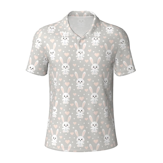 Balery Rabbit And Heart Printed Men’s Short Sleeve Polo Shirt, Midweight Men's Shirt,Golf Polo shirts -Small