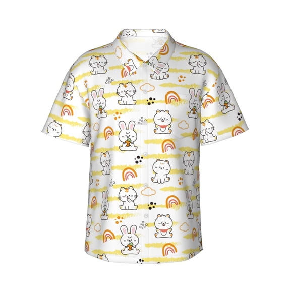 Balery Rabbit And Milk Tea Print Men's Hawaiian Shirts Short Sleeve Beach Shirt Relaxed Fit Vacation Button Down Shirts-X-Large