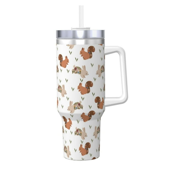 Balery Rabbit And Squirrel Pattern 40oz Stainless Steel Tumbler Double Wall Vacuum Insulated Water Bottle Ice Bully Insulated Tumbler With Handle And 2 in 1 Straw Lid
