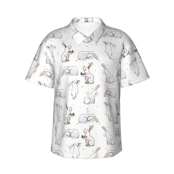 Balery Rabbit Eating Print Men's Hawaiian Shirts Short Sleeve Beach Shirt Relaxed Fit Vacation Button Down Shirts-Small