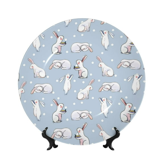 Balery Rabbit Is Eating Carrots Print Bone China Decorative Plate Ceramic Dinner Plates Art Crafts with Display Stand-6in