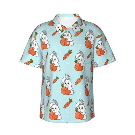 Balery Rabbit Is Eating Carrots Print Men's Hawaiian Shirts Short Sleeve Beach Shirt Relaxed Fit Vacation Button Down Shirts-Small