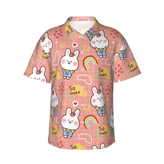 Balery Rabbit So Cute Print Men's Hawaiian Shirts Short Sleeve Beach Shirt Relaxed Fit Vacation Button Down Shirts-Large