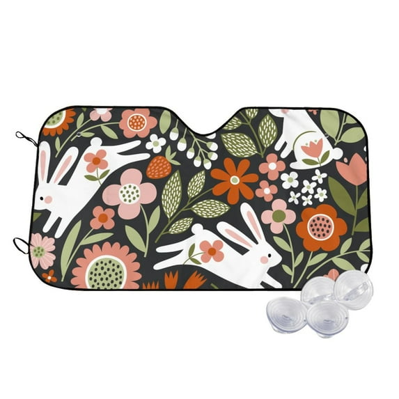 Balery Rabbits On Floral Windshield Sun Shade, Car Front Window Sunshade Cover ,Automotive Interior Portected Blocks Uv Rays For Car Pickup Truck Suv Accessories- Medium