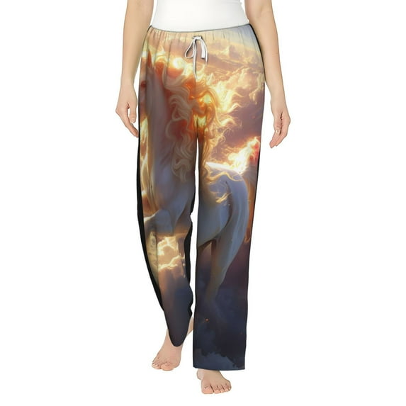 Balery Rainbow Cloud White Horse print Women's Pajama Pants,Ultra Lightweight Pjs,Lounge Pant-Small