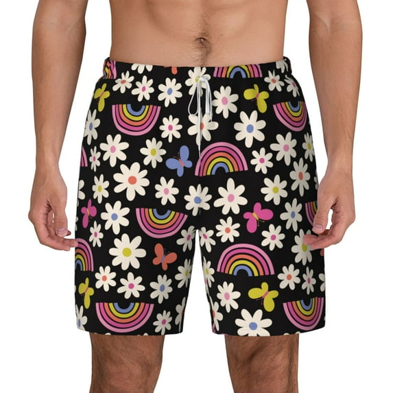 Balery Rainbow Flowers Mens Swim Trunks Swim Shorts for Men Quick Dry Inseam Beach Shorts with Compression Liner Pocket-Medium