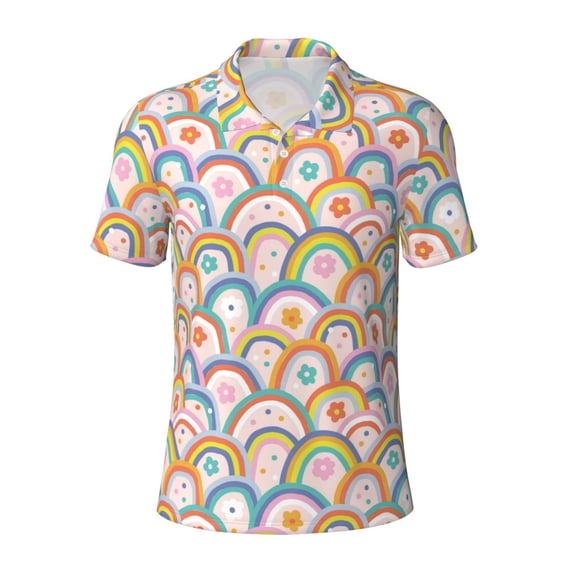 Balery Rainbow Flowers Printed Men’s Short Sleeve Polo Shirt, Midweight Men's Shirt,Golf Polo shirts -