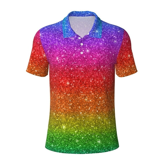 Balery Rainbow Glitter Printed Men’s Short Sleeve Polo Shirt, Midweight Men's Shirt,Golf Polo shirts -X-Large