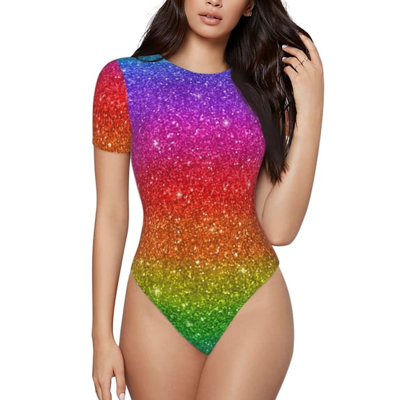 Balery Rainbow Glitter Women's Short Sleevee Crew Neck Bodysuit Tops Short Sleeve Tops Basic-Medium