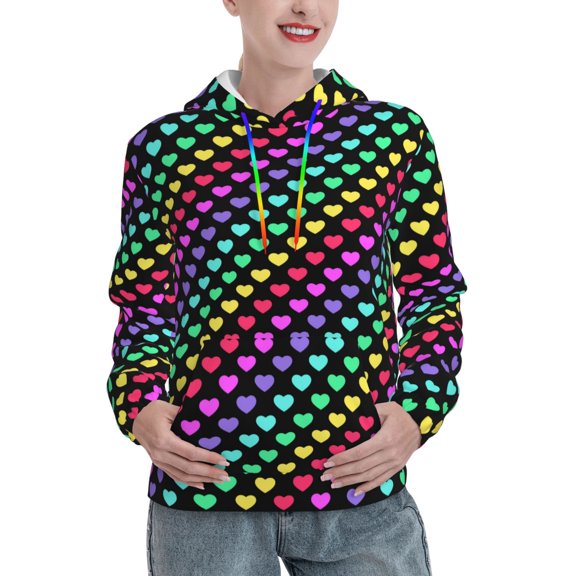 Balery Rainbow Hearts Pattern Womens Long Sleeve Hoodie, Pullover Hooded Sweatshirt, Kangaroo Pocket Hoodie with Eye-catching Drawstrings-Medium