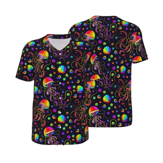 Balery Rainbow Jellyfishes Baseball Jersey for Men Casual Button Down Shirts Short Sleeve Active Team Sports Uniform-4X-Large