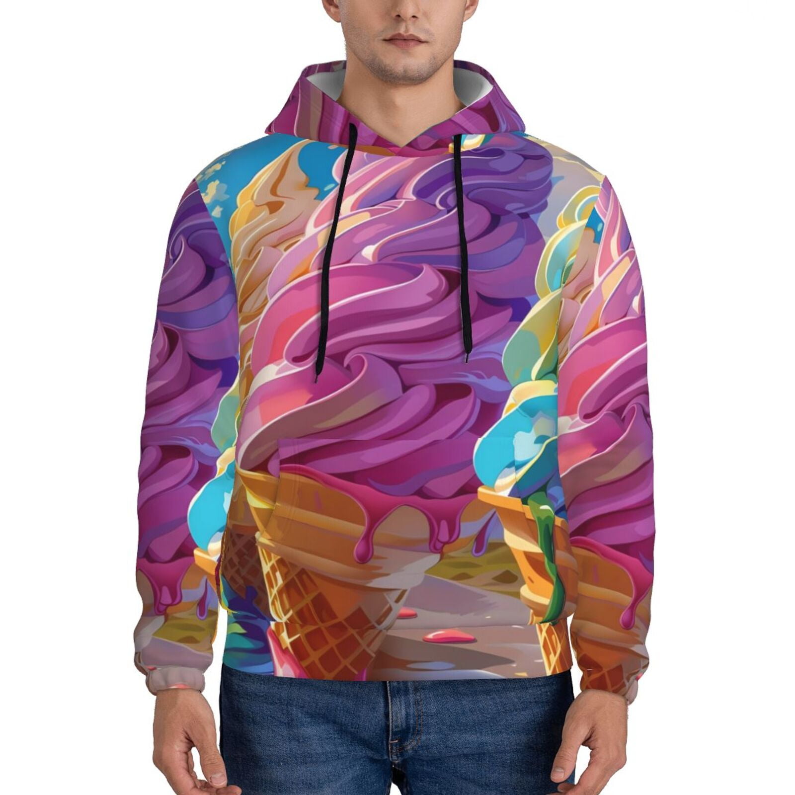 Balery Rainbow Melting Ice Cream Pattern Mens Hoodie Kangaroo Pocket