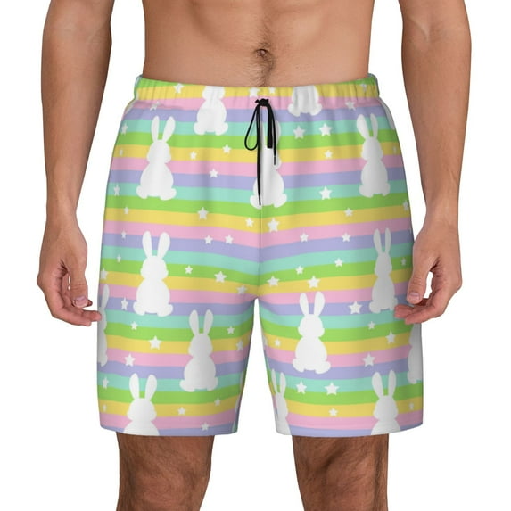 Balery Rainbow Rabbit Mens Swim Trunks Swim Shorts for Men Quick Dry Inseam Beach Shorts with Compression Liner Pocket-Large