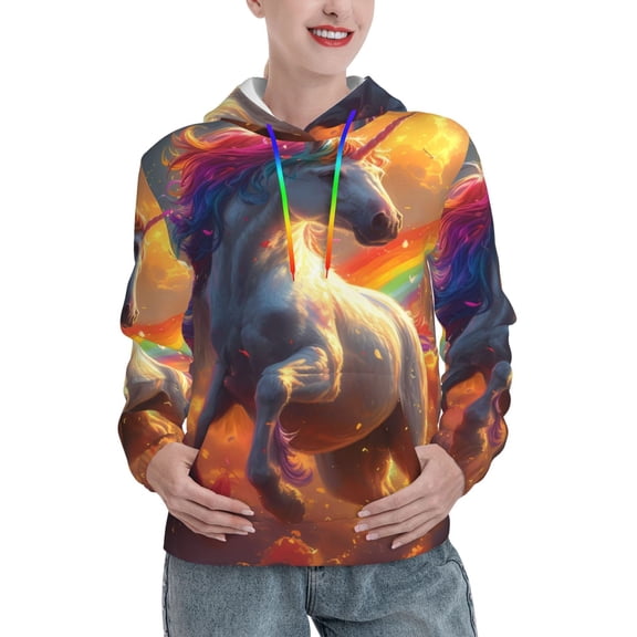 Balery Rainbow Sunset Cloud White Horse Pattern Womens Long Sleeve Hoodie, Pullover Hooded Sweatshirt, Kangaroo Pocket Hoodie with Eye-catching Drawstrings-X-Large