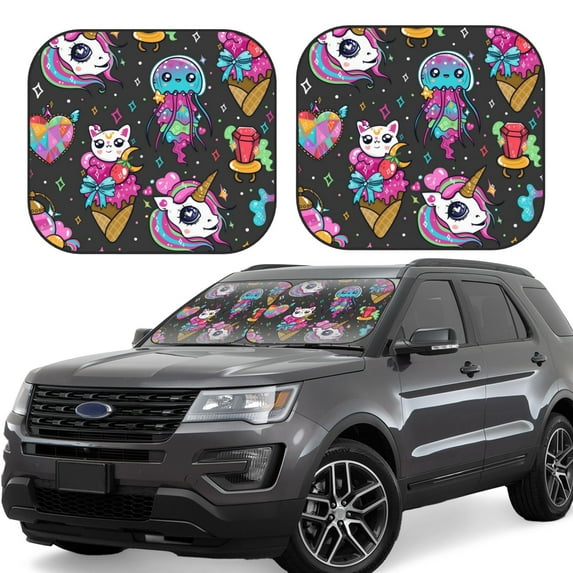 Balery Rainbow Unicorn And Cat Icecream Sun Shield 2 Pack For Car Front Windows Foldable Sun Visor Protector Blocks Max Uv Rays And Keeps Your Vehicle Cool For Most Sedans Suv Truck