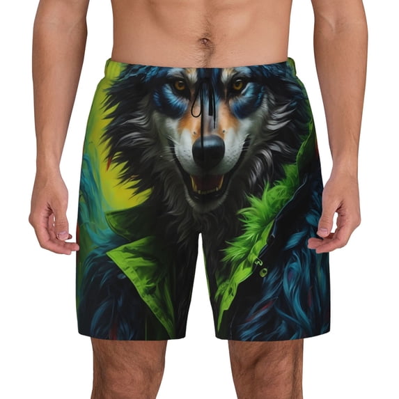 Balery Realistic Style Wolf Warrior Mens Swim Trunks Swim Shorts for Men Quick Dry Inseam Beach Shorts with Compression Liner Pocket-Medium