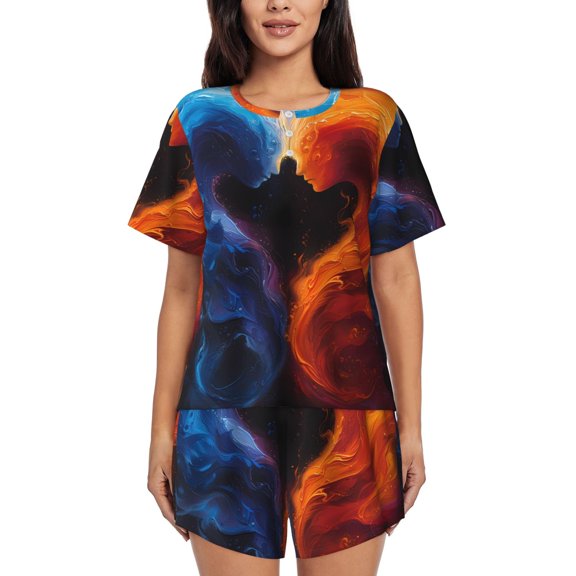 Balery Red And Blue Abstract Pattern Womens Pajama Sets 2 Piece Soft Short Sleeve Top and Shorts Sleepwear Round Neck Pjs Lounge Set with Pockets-Medium