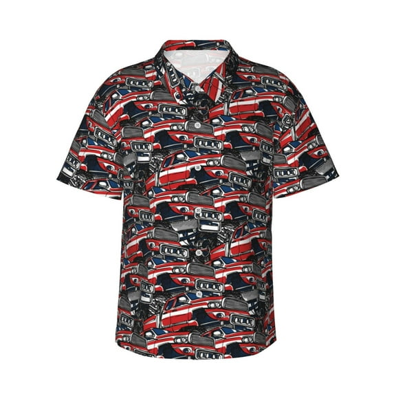 Balery Red And Blue Cars Print Men's Hawaiian Shirts Short Sleeve Beach Shirt Relaxed Fit Vacation Button Down Shirts-