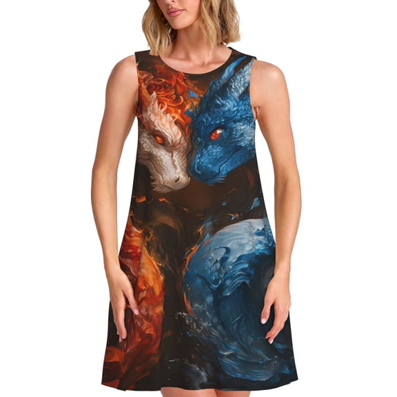 Balery Red And Blue Fire Dragon F Pattern Women’s Summer Dresses – Loose Sleeveless Sundress, Casual and Comfortable Beach Dress for Hot Days