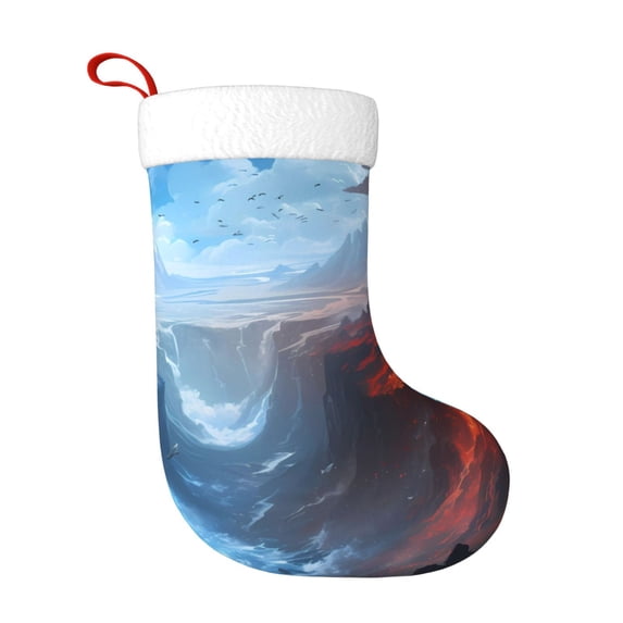 Balery Red And Blue Fire Mountains Pattern Christmas Stockings with Initials, 18" Large Knit Christmas Stocking,Xmas Stocking for Kids, Holiday and Family Stocking